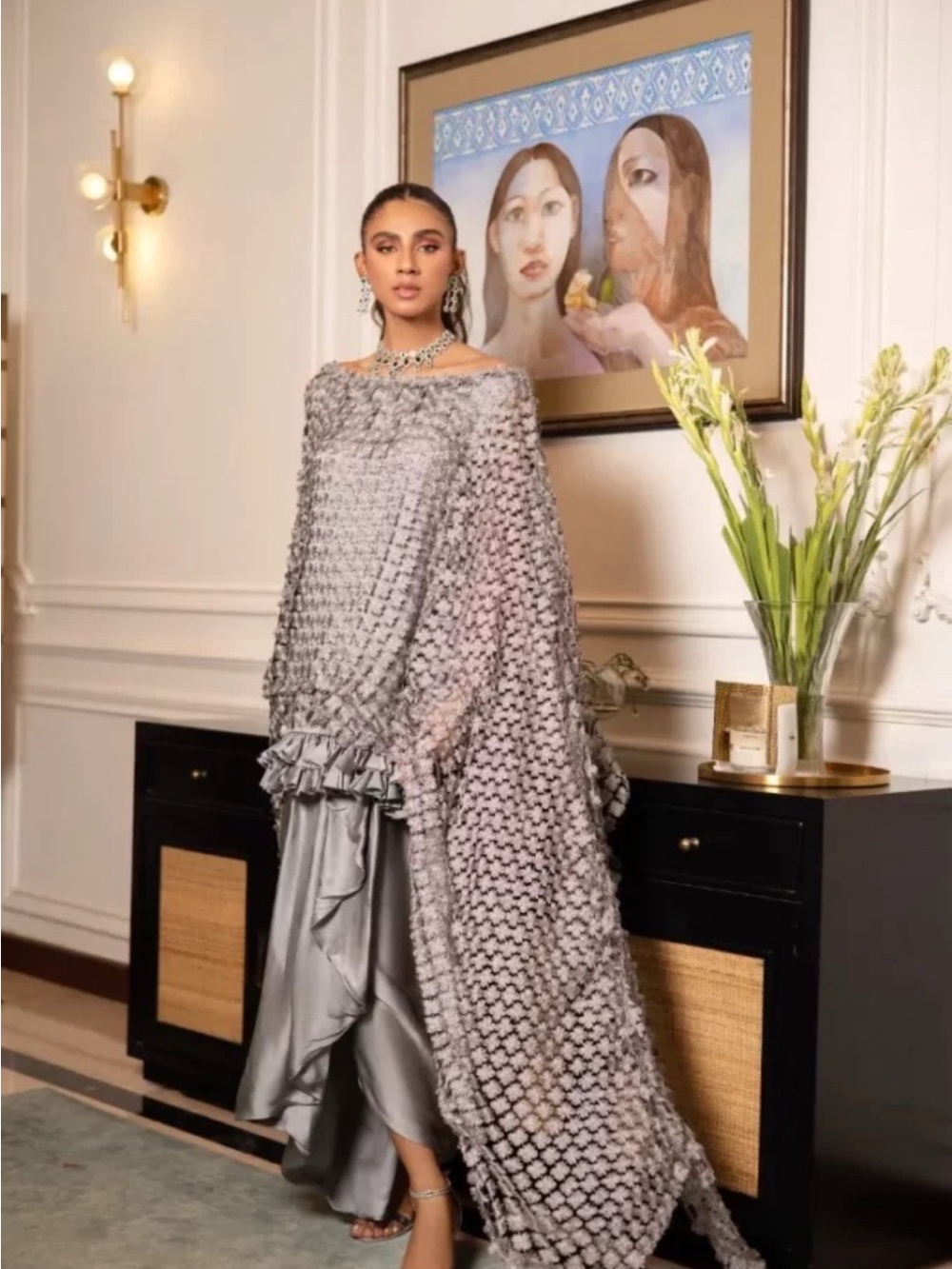 Silver Gray Textured Cape Dress